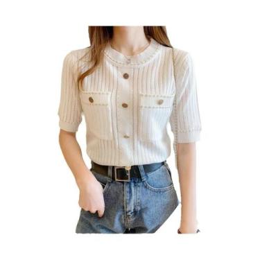 Imagem de Camiseta Branca Feminina De Verão 2024, Manga Curta, Casual, Com Bolso