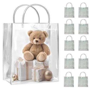 Imagem de Kit 10 Sacolas Plástica 20x20 Transparente Pvc C/ Botão Alça Embalagem