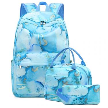 Imagem de Mochila escolar Bluboon juvenil feminina mármore azul com dourado, conjunto 3 peças com lancheira térmica e estojo, para notebook 35,5 cm