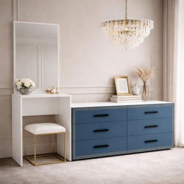 Imagem de Cômoda Penteadeira 6 Gavetas Valência Azul/Branco
