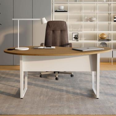 Imagem de Mesa Escrivaninha Orgânica Linear 175cmx92cm com Pés Metal para Escritório Corporate F5 Macadâmia/Branco