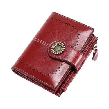 Imagem de Carteira Feminina De Couro Genuíno RFID Com Zíper, Porta-Cartões E Por