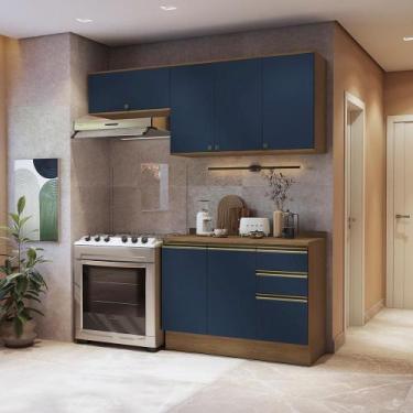 Imagem de Armário De Cozinha Compacta 3 Gavetas 100% Mdf 200cm Nogueira/azul Pro