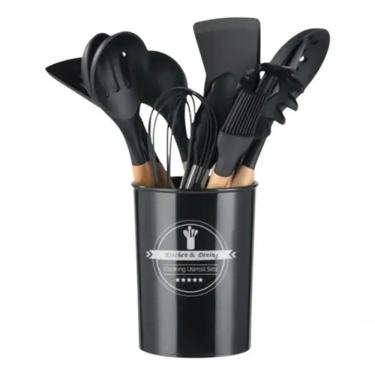 Imagem de Kit 12 Utensílios de Cozinha em Silicone Cabo de Madeira para Preparo de Alimentos Resi...