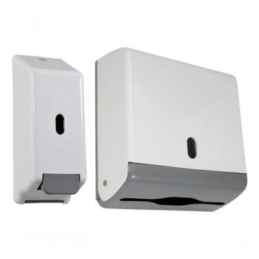 Imagem de Kit Dispenser ABS Junior com Suporte para Papel Toalha Interfolha e Saboneteira 900ML Branco Higipack