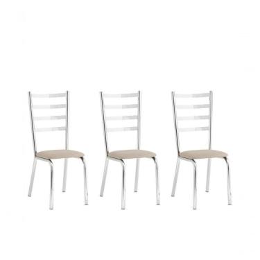 Imagem de Conjunto 3 Cadeiras Laura Estrutura em Aço com Assento em Tecido Bege para Sala de Jantar