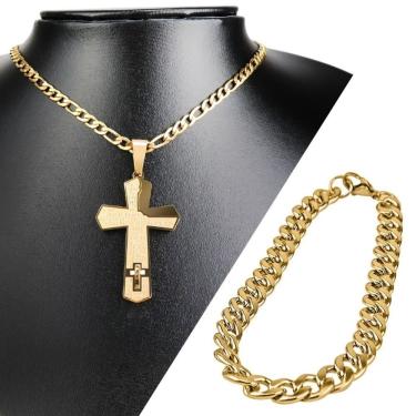 Imagem de Cordão Aço Banhado Ouro + Pingente Cruz Pai Nosso + Pulseira