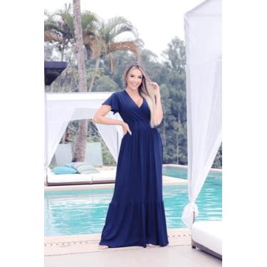 Imagem de Vestido Longo Decote em V Manga Solta - luh may, Azul marinho, M