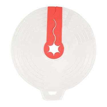 Imagem de Mimo Style Tampa Anti Respingos Com Alça 34cm, Feita de Silicone Vermelho e Plástico. Perfeita Para Colocar em Potes ou Tigelas de Bateiras Para Evitar Sujeira em Sua Mesa ou Bancada