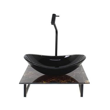 Imagem de KIT CUBA DE VIDRO OVAL 10MM COM TAMPO DE VIDRO 40CM X 40CM MÁRMORE IMPERDADOR E SUPORTE PRETO