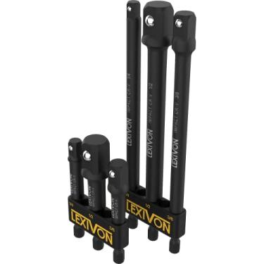 Imagem de LEXIVON Conjunto de adaptadores de soquete de grau de impacto de 6 peças - ponta de extensão de 7,6 cm e 15 cm com suporte | Chave de impacto de 1/4", 3/8" e 1/2", adapte sua furadeira a chave de impacto de alto torque (LX-105)