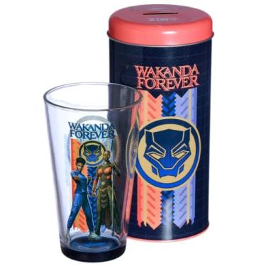 Imagem de Pantera Negra Kit Copo De Vidro 500ml + Cofre Metal Wakanda Para Sempre Oficial Marvel