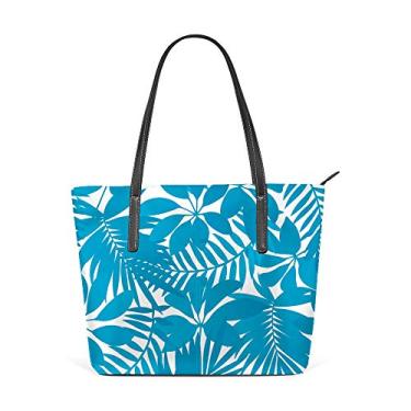 Imagem de Bolsa de ombro feminina sacola de couro sacola grande para compras azul trabalho com folhas tropicais sem costura bolsa casual
