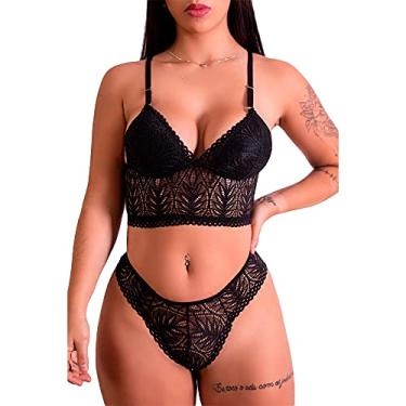 Imagem de LINGERIE FASCINO - Conjunto Cropped E Calcinha Em Renda Preto Tamanho M REF:218