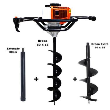 Imagem de KIT Perfurador de Solo Vulcan VPS520-S 2T 52CC 2,5HP com Broca 80x15cm + Broca Extra 80x25cm + Extensão Extra 60cm com Pino Trava