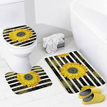 Imagem de Conjunto de tapetes de banheiro 3 peças listras pretas e brancas com girassóis, tapete de banheiro lavável antiderrapante, tapete de contorno e tampa para banheiro