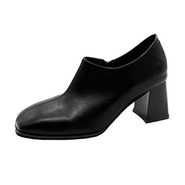Imagem de Botas femininas de cano curto, simples, sapatos de couro sólido, salto quadrado, confortável, salto grosso, botas de bronze para mulheres, Preto, 7.5