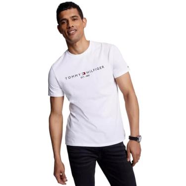 Imagem de TOMMY HILFIGER Camiseta masculina de modelagem regular com logotipo Tommy bordada, gola redonda, coleção 2024, (2024) Branco Perfeito., GG