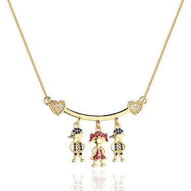 Imagem de Colar Corrente Feminina Pingente 3 Filhos Filhas Cravejados com Pedras Zircônias Azul Rosa Banhado a ouro 18k Banho paládio hipoalérgico Santo Estillo Semijoias (2 Meninos e 1 Menina)