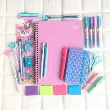 Imagem de Kit Papelaria Tons Pasteis Neon Caderno Caneta Marca Texto