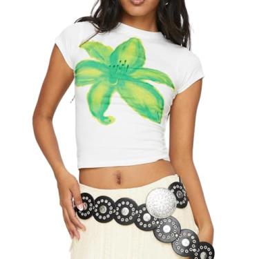 Imagem de Camiseta feminina Y2k Graphic de manga curta, justa, com estampa estética, camiseta cropped de verão, 03 - flor verde - branco, M