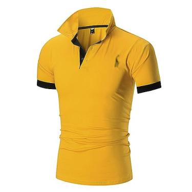 Imagem de Camisa polo masculina lisa gola alta costura manga curta botão piquê camiseta umidade, Amarelo, XG
