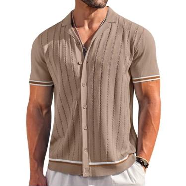 Imagem de COOFANDY Camisa masculina de malha de manga curta casual com botões vintage listrada tricotado golfe praia tops, Bege escuro, GG
