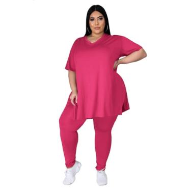 Imagem de Tycorwd Conjuntos femininos plus size de duas peças roupas de verão camisetas grandes conjuntos de moletom longos conjuntos de moletom, Vermelho rosa, 5X-Large