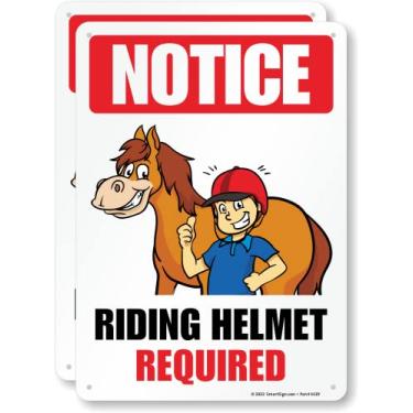 Imagem de SmartSign (Pacote com 2) Placa de equitação "Aviso - Capacete de equitação necessário" de 35,5 x 25,4 cm, impresso digitalmente, plástico HDPE de 55 mm, multicolorido