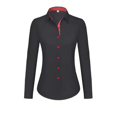 Imagem de siliteelon Camisas femininas com botões de algodão e manga comprida para mulheres, sem rugas, blusa de trabalho elástica, Preto, vermelho, G