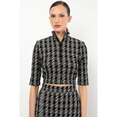 Imagem de Cropped Manga ¾ Em Jacquard Com Gola Alta, Zíper E Ombreira-Feminino
