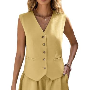 Imagem de Mina Self Colete feminino de linho de verão 2024 sem mangas Lihtweight totalmente linend decote em V espartilho top blazer casual cropped jaqueta, Amarelo, G
