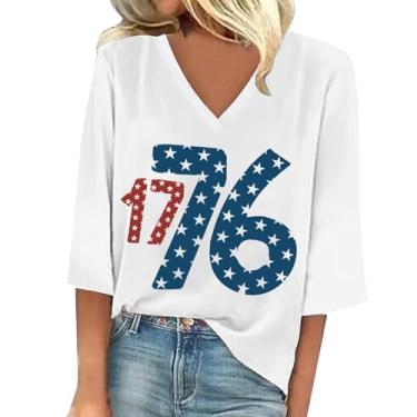 Imagem de Camiseta feminina 4th of July manga 3/4 gola V túnica patriótica Dia da Independência 1776 bandeira americana blusa gráfica, Branco, XXG