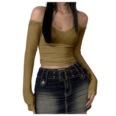 Imagem de RoseSeek Camiseta feminina Y2K com ombros de fora, caimento justo, manga comprida, amarrada, franzida, cropped, Verde oliva, G