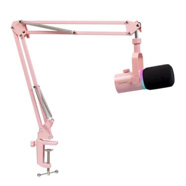 Imagem de FEELWORLD Microfone dinâmico USB XLR PM1 com suporte de braço boom para gravação de podcast, PC, computador, jogos, transmissão ao vivo, locução vocal, microfone de metal de estúdio, luz RGB, botão