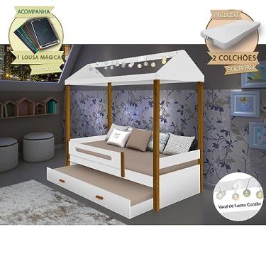 Imagem de Beliche Montessoriana Infantil Sara Solteiro C/Led E Colchões - Branco/Amêndoa Incluso Lousa Mágica