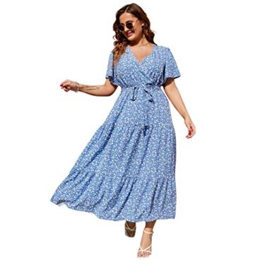 Imagem de KOJOOIN Vestido longo feminino plus size com decote em V, cintura alta, babados, manga curta, vestido casual de verão com cinto, Flor azul, 5G