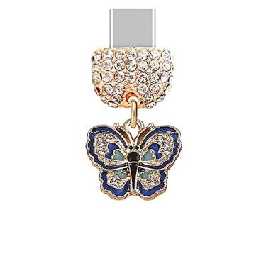 Imagem de ELISE & FONDA TP207 Tipo-C porta de carregamento USB cristal antipoeira pingente borboleta pingente para celular Samsung Galaxy/Huawei/OnePlus/Xiaomi/oppo telefones Android (azul), approx.1.9 cm (L) x