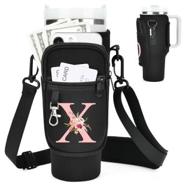 Imagem de Bolsa de transporte de garrafa de água inicial A-Z com alça para copo Stanley de 1,13 ml, suporte para garrafa de água com bolso para acessórios Stanley Cup personalizado presente de dia dos namorados