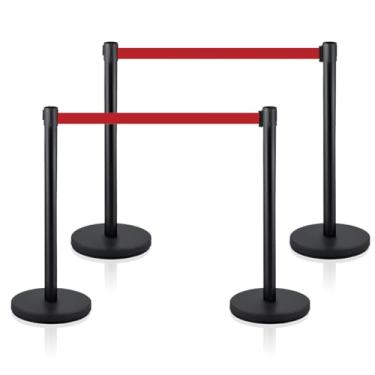 Imagem de MICHELANGELO Kit 4 Pedestais Premium Organizador Separador de Fila Preto com Fita Retrátil Vermelha 2 Metros Anti-Oxidante