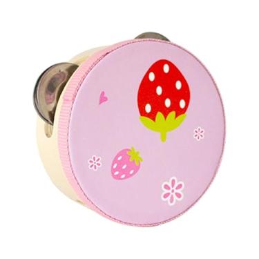 Imagem de Vaveren Pandeiro de mão de madeira tambor de mão musical brinquedo educativo pandeiro de fileiras duplas para jogos crianças crianças meninos meninas, Morango, 10cm