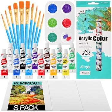 Imagem de PLMMOUT Conjunto de tinta acrílica, 32 peças de materiais de pintura, tubos de tinta acrílica de 12 cores (12 ml, 11.3 g), com pincéis, tela, paletas de pintura, kit de tintas de artesanato para