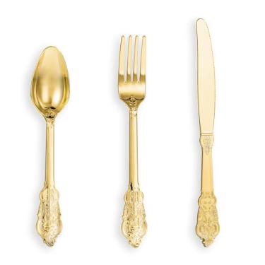 Imagem de N9R Talheres de plástico dourado, 120 peças, talheres descartáveis incluem 40 garfos, 40 colheres, 40 facas, conjunto de talheres dourados descartáveis para festas, casamentos e uso diário