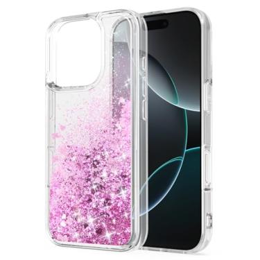 Imagem de WORLDMOM Capa para iPhone 16 Pro, capa protetora de TPU (poliuretano termoplástico) flutuante com líquido flutuante brilhante colorido glitter cachoeira 6,3 polegadas, ouro rosa