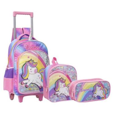 Imagem de Kit Mochila de Rodinha Lancheira e Estojo Unicórnio Yepp MIF5339-C, Ro