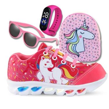 Imagem de Kit Tênis De Led Infantil Menina Feminino Unicórnio + Mochila + Óculos