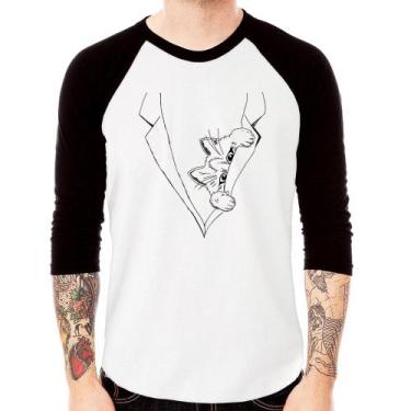 Imagem de Camiseta Raglan Gato no terno Manga 3/4 - Foca na Moda, Branco, Preto,