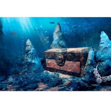 Imagem de Riivvdise Fundo de aquário subaquático fundo de aquário baú de tesouro com caixa de tesouro brilhante aventura água riqueza pirata aquário decoração vinil 182 x 61 cm