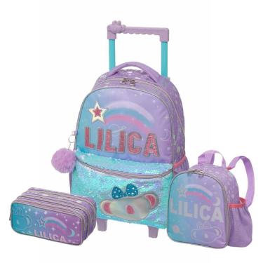 Imagem de Kit Mochila Rodas Lilica Make a Wish Lancheira Estojo Triplo