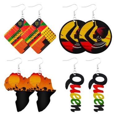 Imagem de MAQVQLU Brincos africanos femininos com mapa de madeira pintados brincos pendentes para meninas negras brincos de mês de história negra, Metal, Sem pedra preciosa